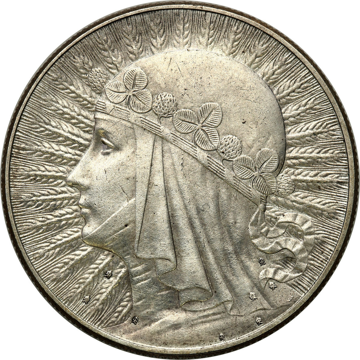 PRÓBA. Głowa kobiety 10 złotych 1932 – 8 znaków mennicy – UNIKAT